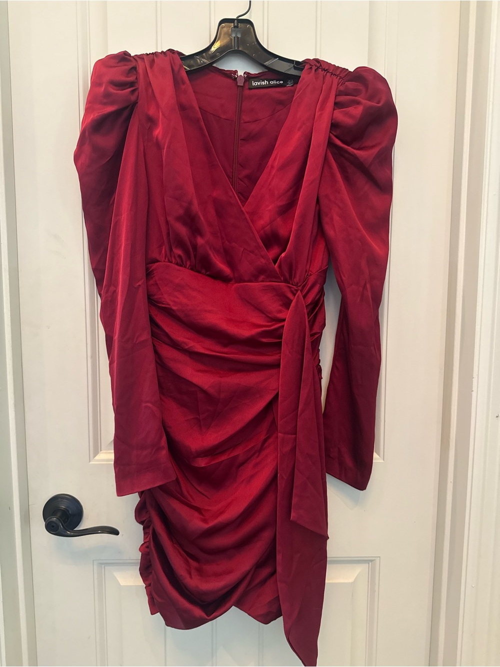 Lavish Alice Satin Wrap Mini Dress with Puff Shoulders